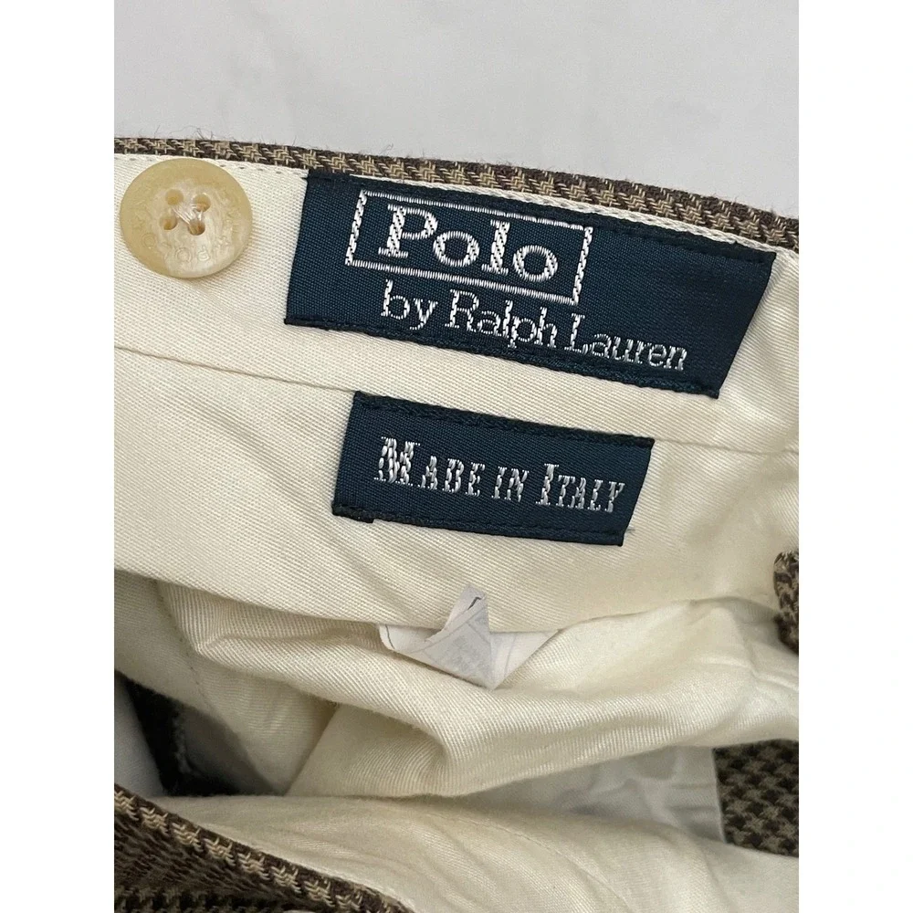 VTG Polo Ralph Lauren Trousers 42 Brown Houndstooth Pleated Cuffed Made in Italy